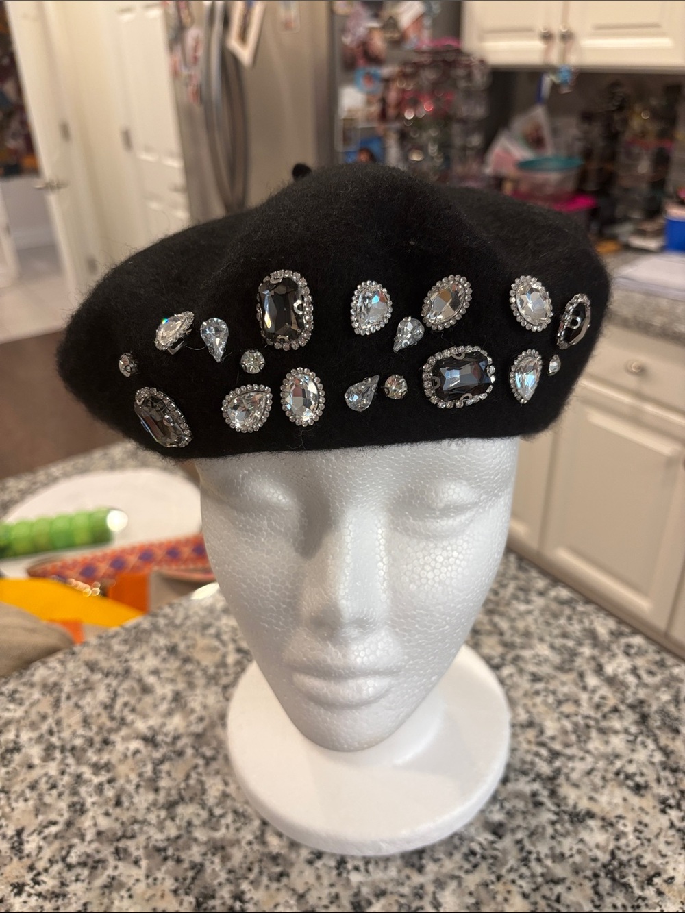 Embellished Crystal Black Wool Beret